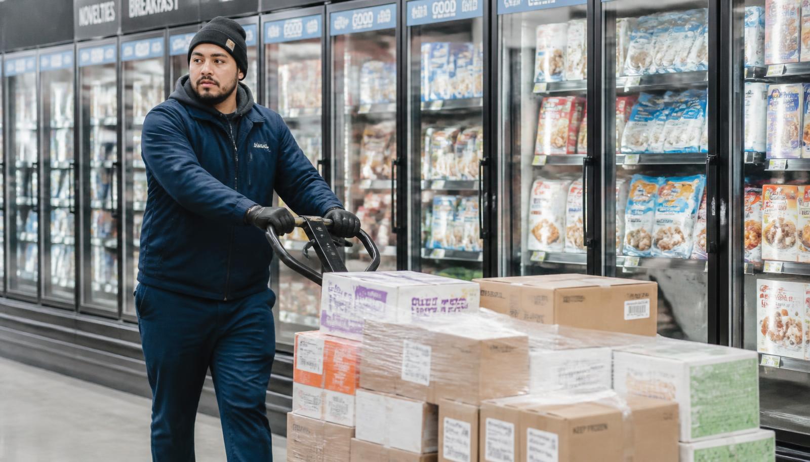 Abastecimento de loja com caixas de produtos congelados e de mercearia