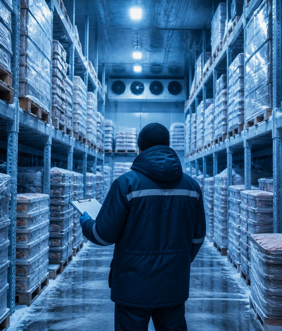 Corredor de armazenagem refrigerada com pallets organizados